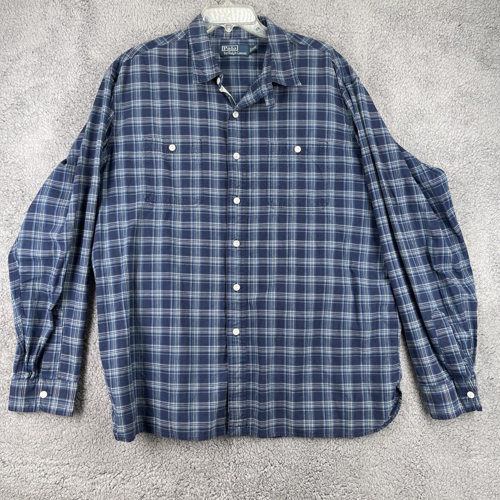 Polo Ralph Lauren Mens XXL Blue Plaid Button Up Shirt Naval Reserve Classic Fit